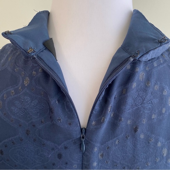 SALONI NAVY BLUE ISABEL LONG SLEEVE C BOW SILK BLEND JACQUARD MAXI DRESS - Picture 7 of 13